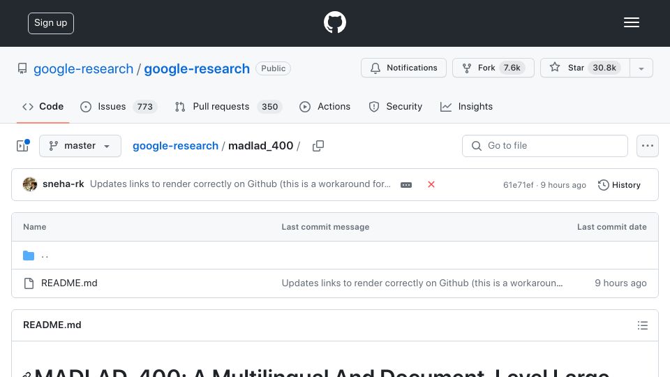 Screenshot of github.com: Madlad-400: A Multilingual and Document-Level Large Audited Dataset