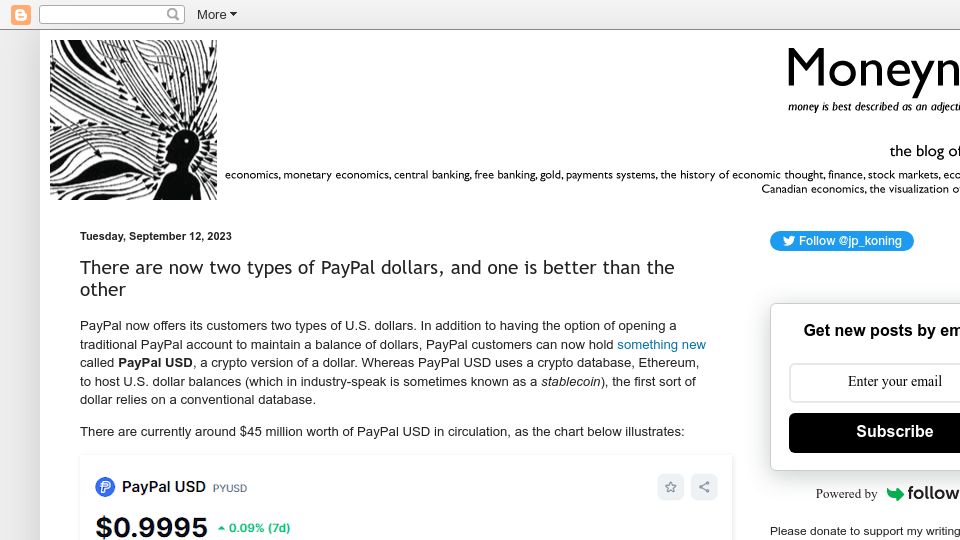 Screenshot of jpkoning.blogspot.com: There are now two types of PayPal dollars, and one is better than the other