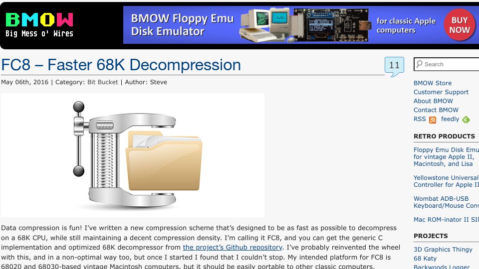 Screenshot of bigmessowires.com: FC8 – Faster 68K Decompression (2016)