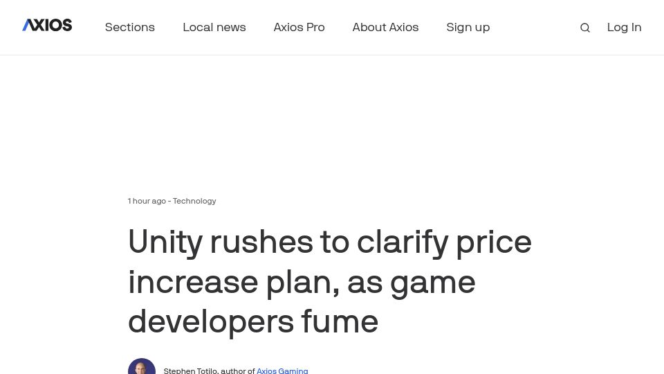 Screenshot of axios.com: Unity rushes to clarify price increase plan, as game developers fume