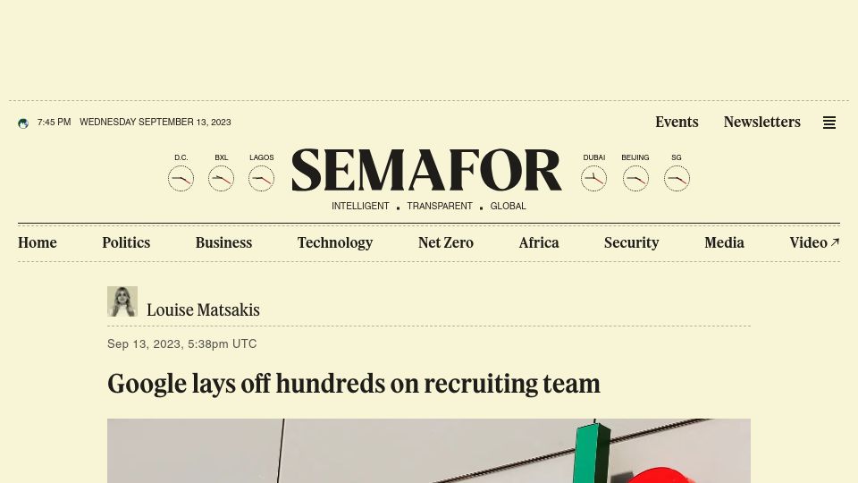 Screenshot of semafor.com: Google lays off hundreds on recruiting team