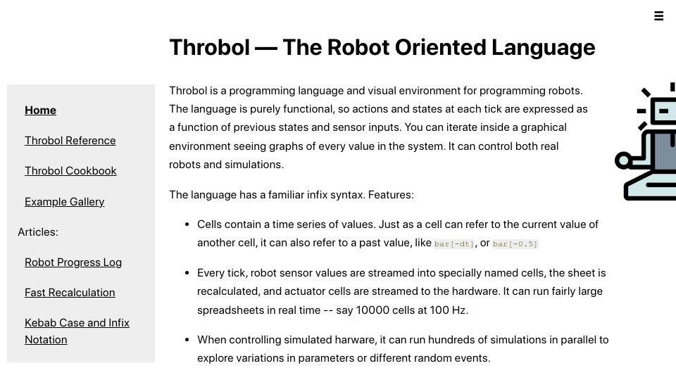 Screenshot of throbol.com: Throbol – The Robot Oriented Language