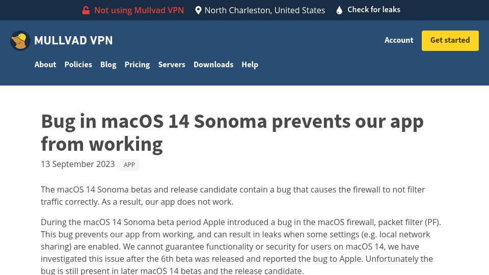 Screenshot of mullvad.net: Bug in macOS 14 Sonoma prevents our app from working