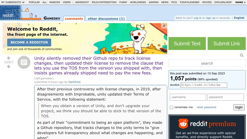 Screenshot of old.reddit.com: Unity silently removed clause that let you use TOS from version you shipped with