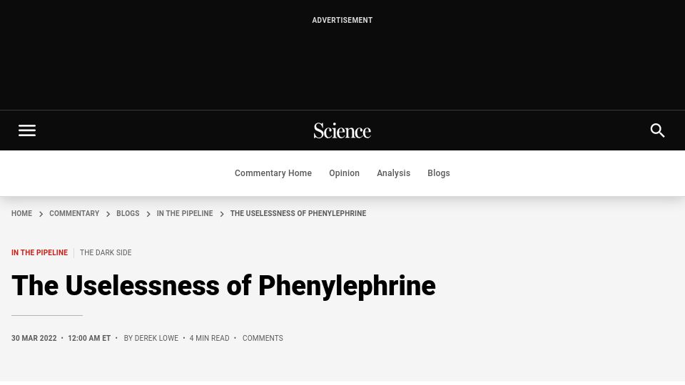 Screenshot of science.org: The Uselessness of Phenylephrine (2022)