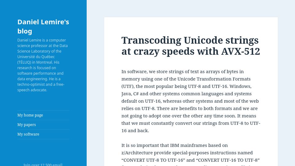 Screenshot of lemire.me: Transcoding Unicode strings at crazy speeds with AVX-512