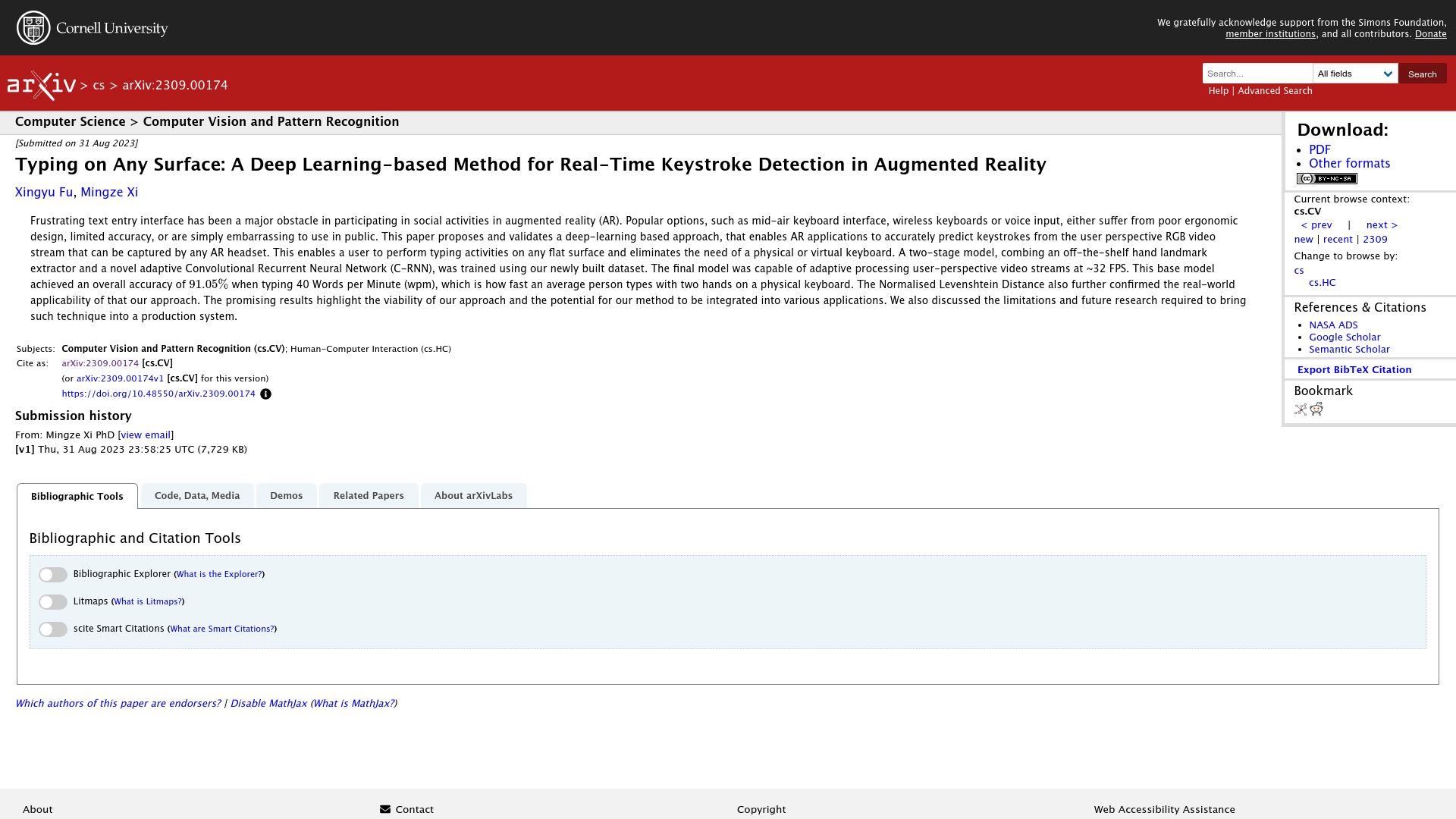 Screenshot of arxiv.org: Typing on Any Surface: A Deep Learning Method for Keystroke Detection in AR