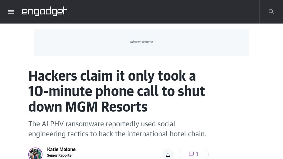 Screenshot of engadget.com: Hackers claim it only took a 10-minute phone call to shut down MGM Resorts