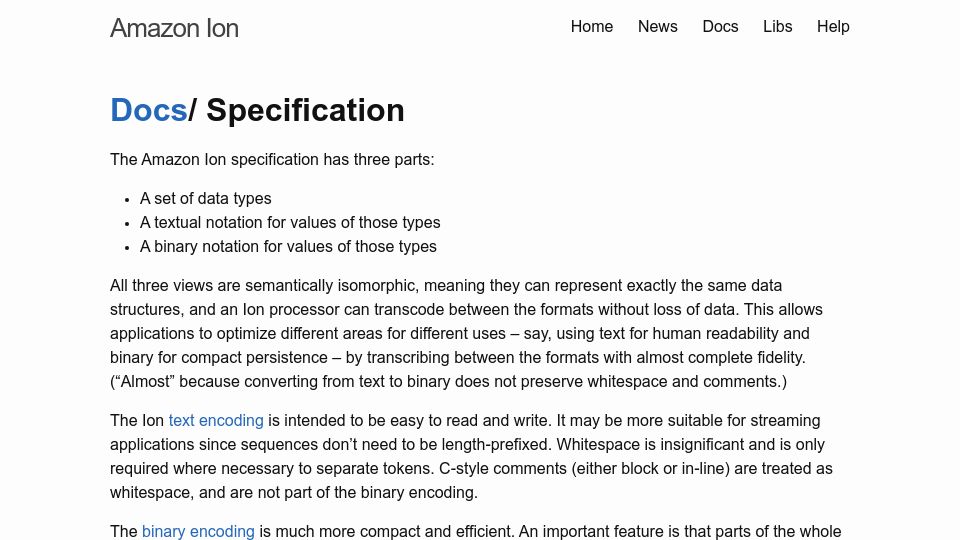 Screenshot of amazon-ion.github.io: Amazon Ion Specification
