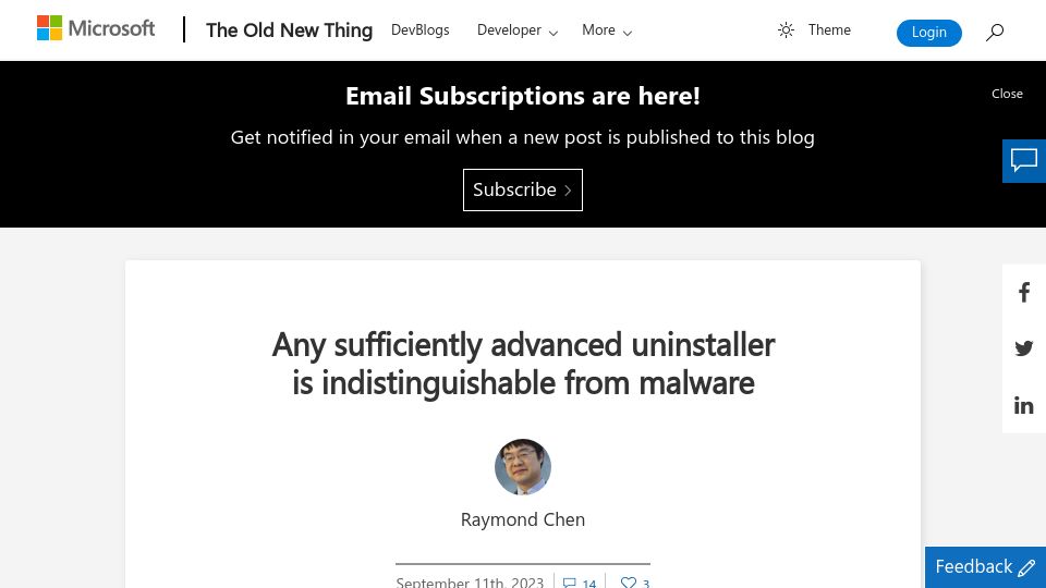 Screenshot of devblogs.microsoft.com: Any sufficiently advanced uninstaller is indistinguishable from malware