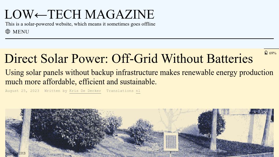 Screenshot of solar.lowtechmagazine.com: Direct Solar Power: Off-Grid Without Batteries