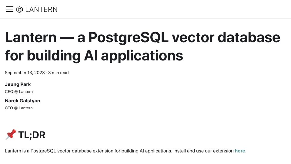 Screenshot of docs.lantern.dev: Show HN: Lantern – a PostgreSQL vector database for building AI applications