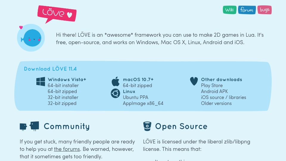 Screenshot of love2d.org: LÖVE: a framework to make 2D games in Lua