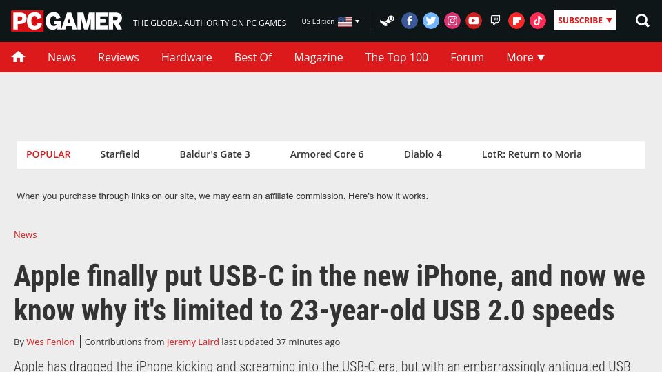 Screenshot of pcgamer.com: Apple finally put USB-C in new iPhone, but limited to 23-year-old USB 2.0 speeds