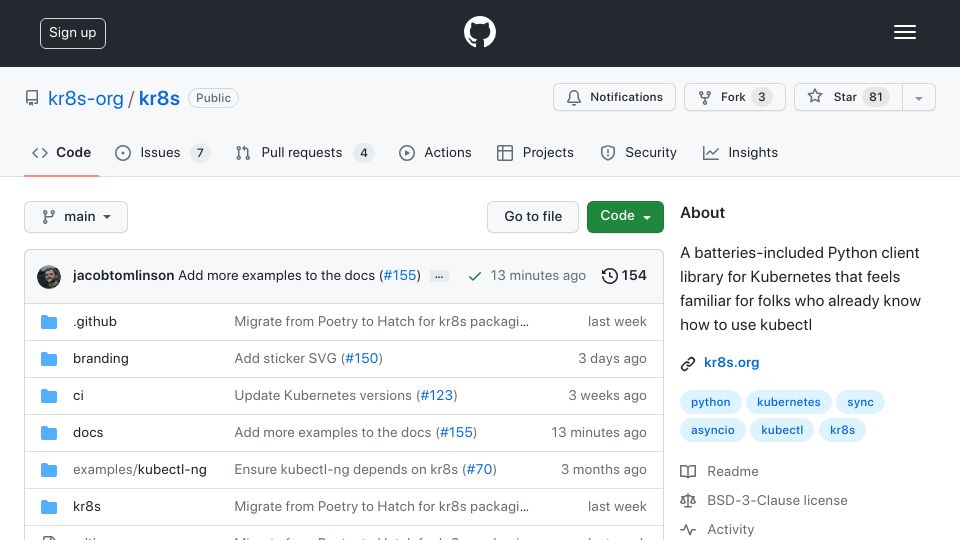 Screenshot of github.com: Show HN: Kr8s – a Python client library for Kubernetes