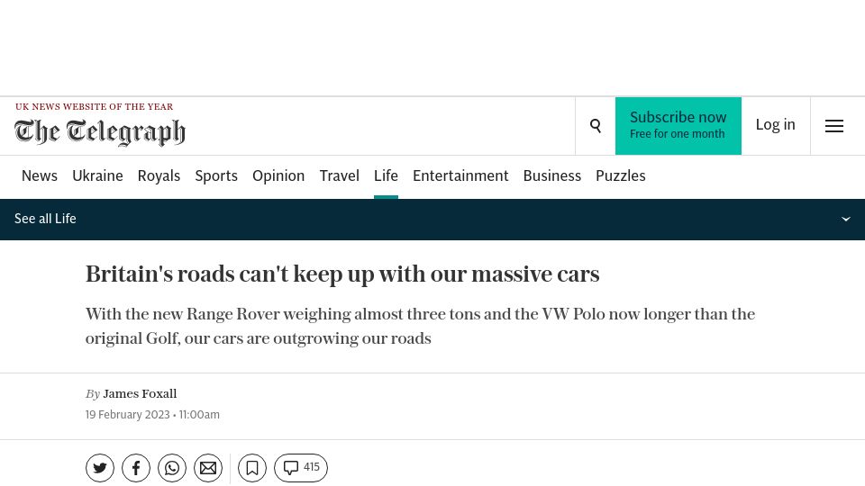 Screenshot of telegraph.co.uk: Britain's roads can't keep up with our cars