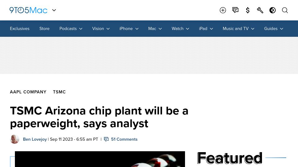 Screenshot of 9to5mac.com: TSMC Arizona chip plant will be a paperweight