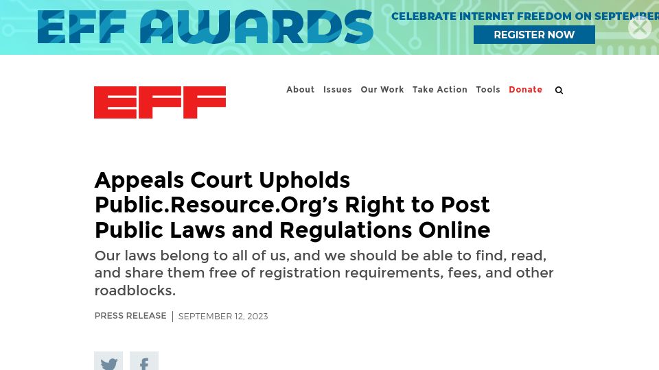 Screenshot of eff.org: Appeals court upholds right to post public laws online