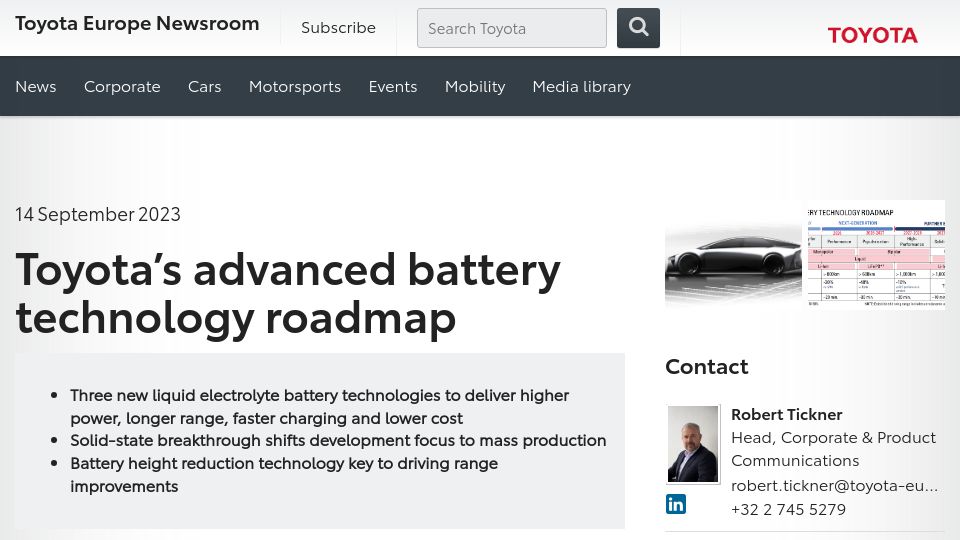 Screenshot of newsroom.toyota.eu: Toyota’s advanced battery technology roadmap