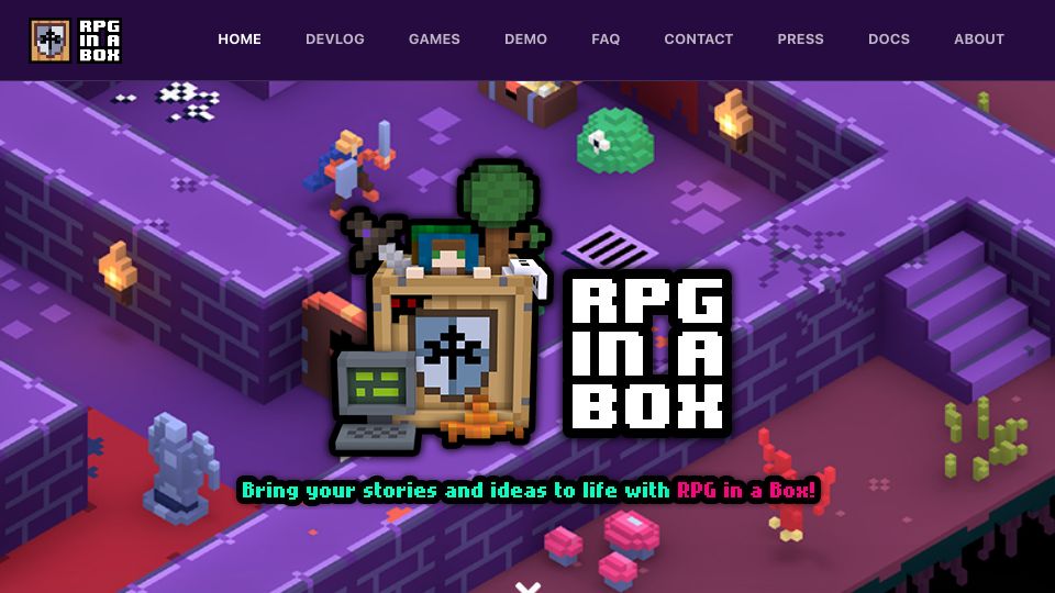 Screenshot of rpginabox.com: RPG in a Box: A grid-based, voxel-style game engine built on Godot