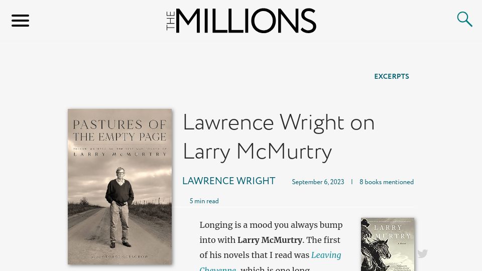 Screenshot of themillions.com: Lawrence Wright on Larry McMurtry