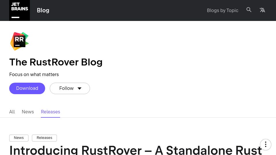 Screenshot of blog.jetbrains.com: RustRover – A standalone Rust IDE