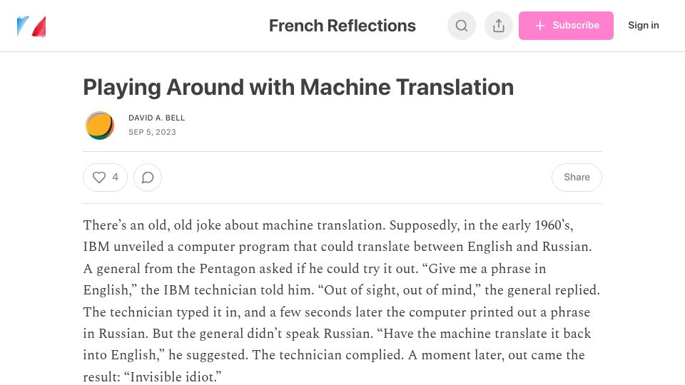 Screenshot of davidabell.substack.com: Playing Around with Machine Translation