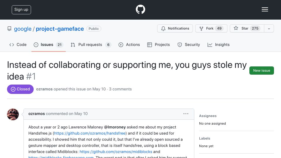 Screenshot of github.com: Instead of collaborating or supporting me, Google stole my idea