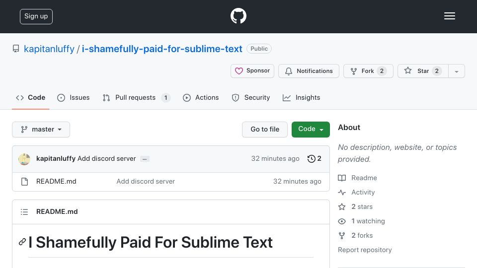 Screenshot of github.com: I paid for Sublime Text
