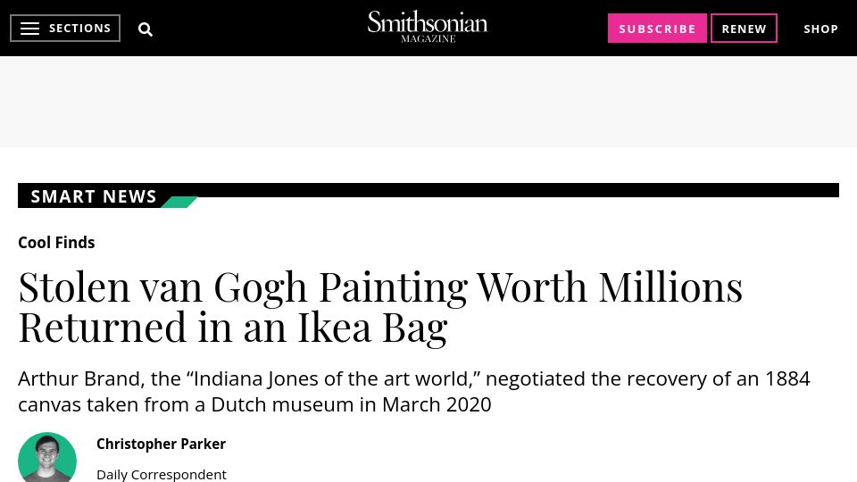 Screenshot of smithsonianmag.com: Stolen van Gogh painting returned in an IKEA bag