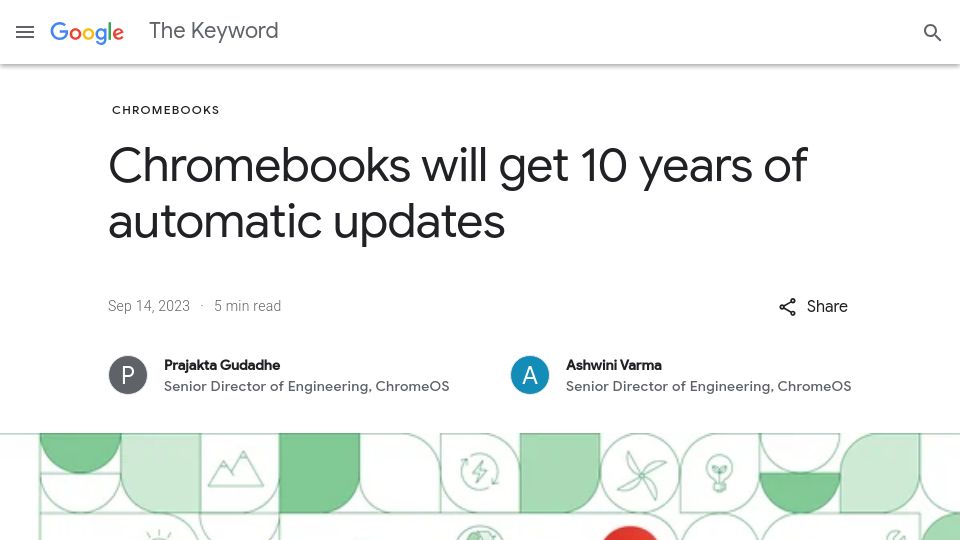 Screenshot of blog.google: Chromebooks will get 10 years of automatic updates