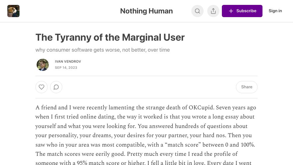 Screenshot of nothinghuman.substack.com: The Tyranny of the Marginal User
