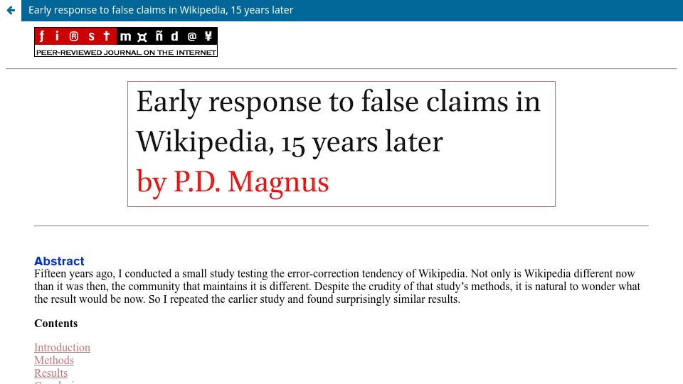 Screenshot of firstmonday.org: Early response to false claims in Wikipedia, 15 years later