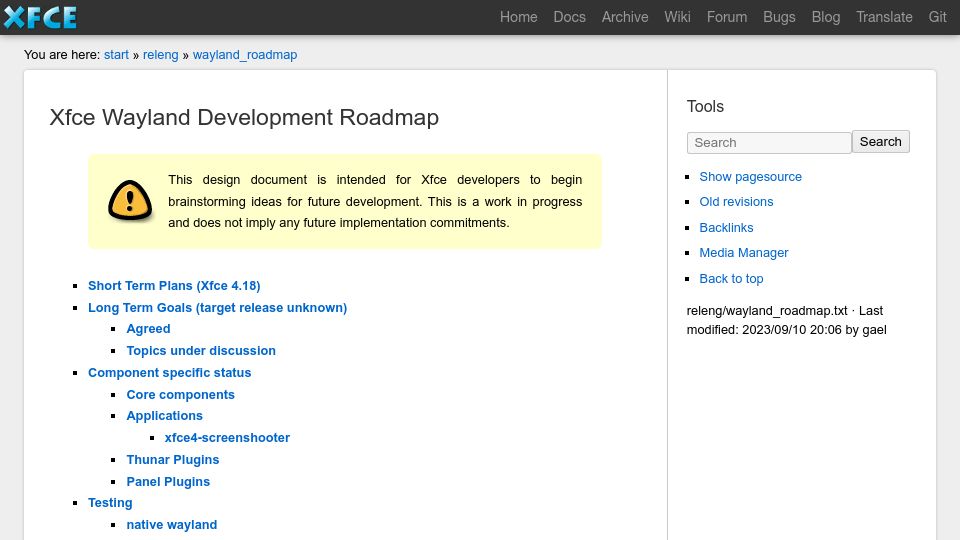 Screenshot of wiki.xfce.org: Xfce Wayland Development Roadmap