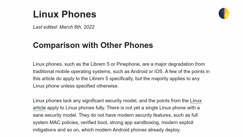 Screenshot of madaidans-insecurities.github.io: Linux Phones (2022)