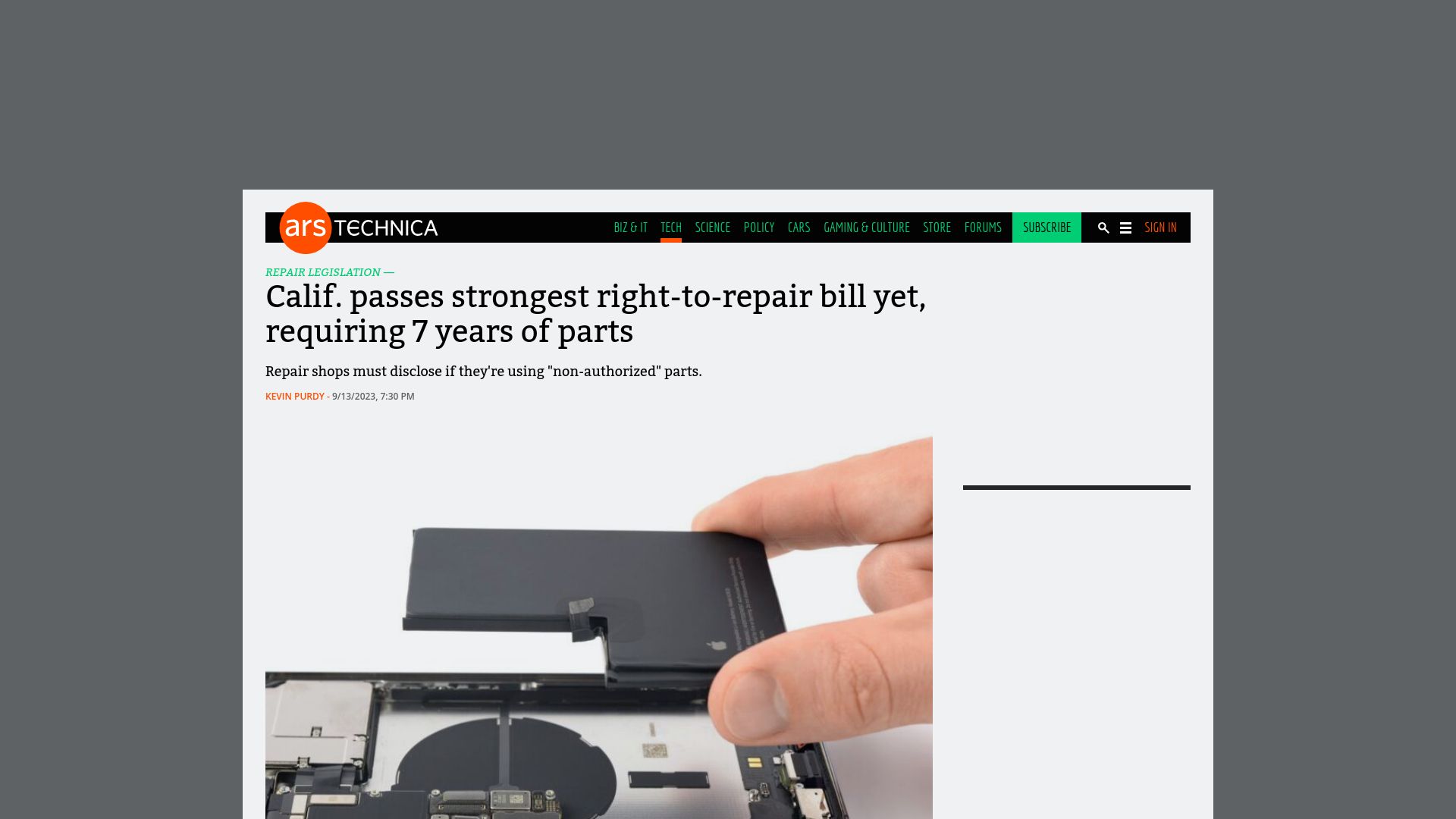 Screenshot of arstechnica.com: Calif. passes strongest right-to-repair bill yet, requiring 7 years of parts