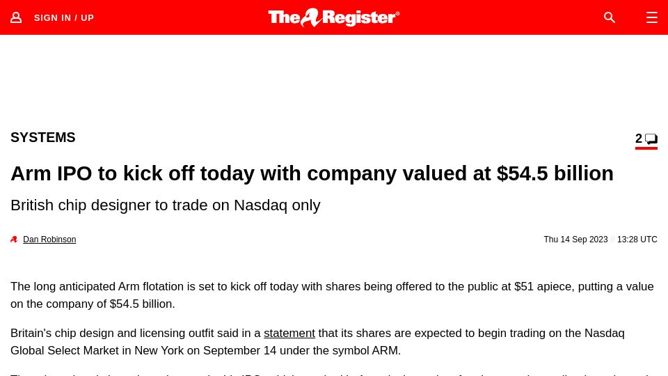 Screenshot of theregister.com: Arm IPO to kick off today