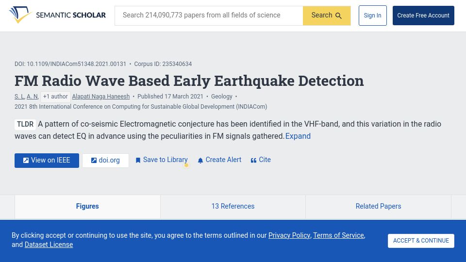 Screenshot of semanticscholar.org: FM radio wave-based early earthquake detection (2021)