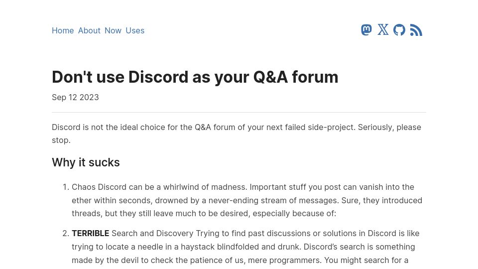 Screenshot of kraktoos.com: Don't use Discord as your Q&A forum
