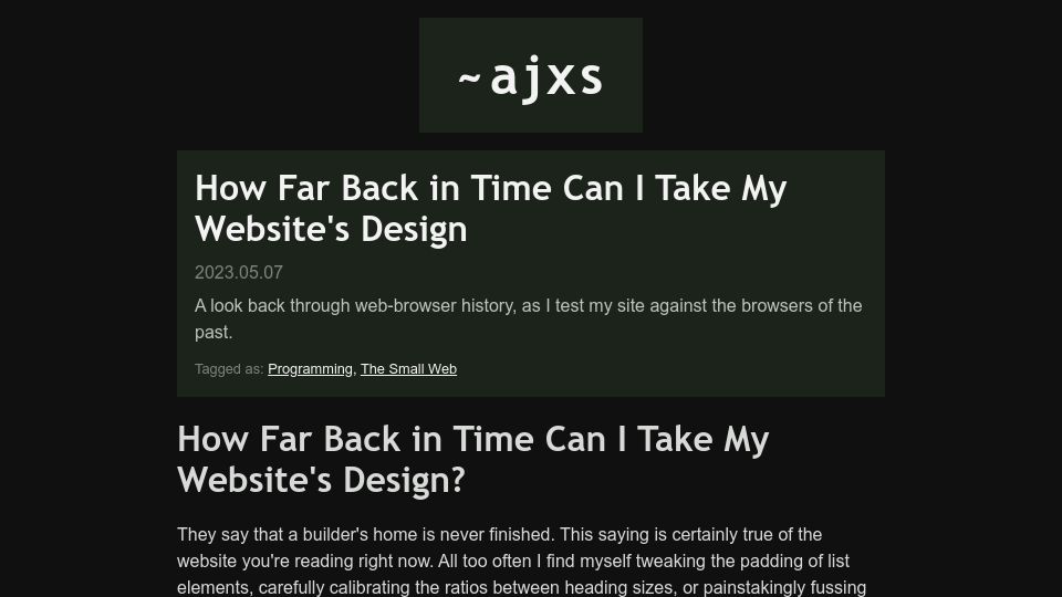 Screenshot of ajxs.me: How far back in time can I take my website's design?