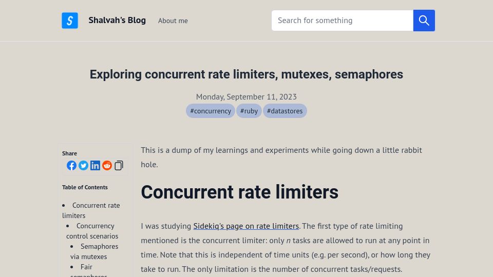 Screenshot of blog.shalvah.me: Exploring concurrent rate limiters, mutexes, semaphores