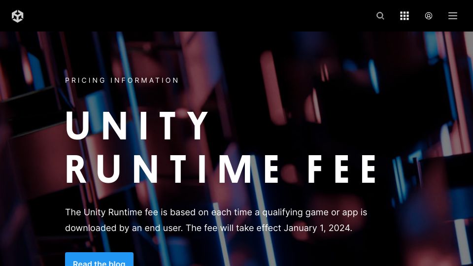 Screenshot of unity.com: Unity introduces per-install fee for game developers