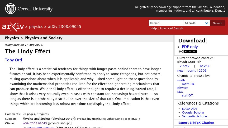 Screenshot of arxiv.org: The Lindy Effect