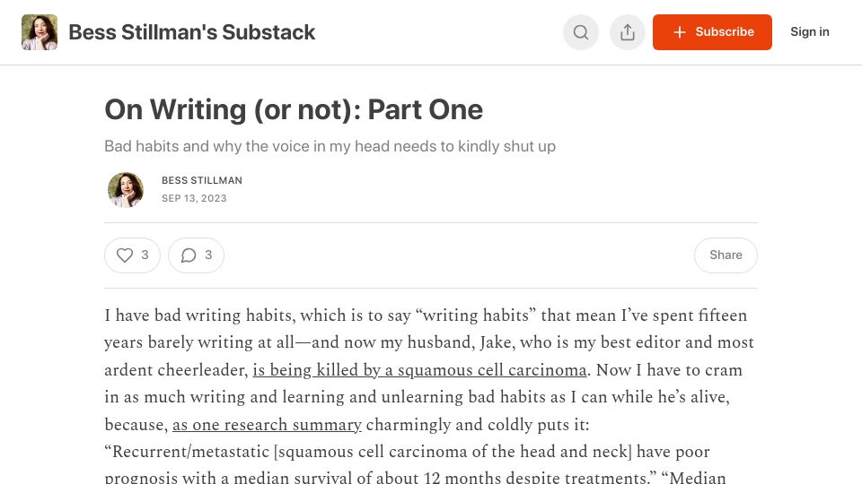 Screenshot of bessstillman.substack.com: On writing (or not)