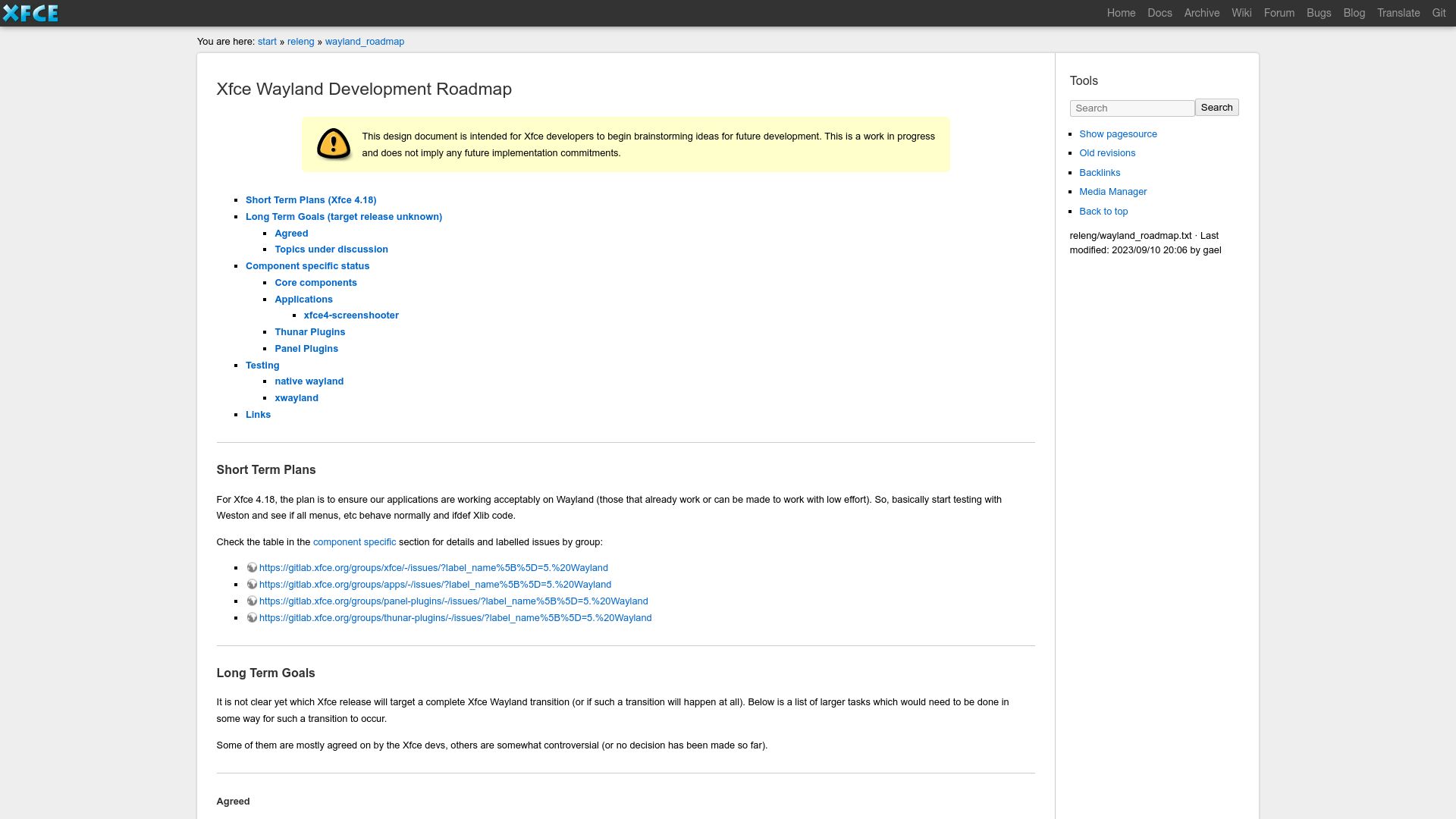 Screenshot of wiki.xfce.org: Xfce Wayland Development Roadmap