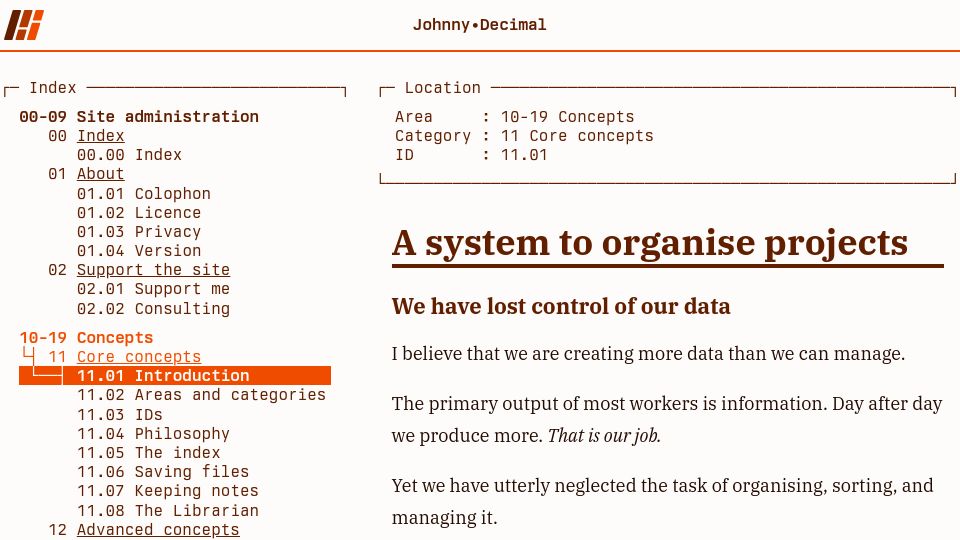 Screenshot of johnnydecimal.com: Johnny Decimal: A System to Organize Projects (2015)