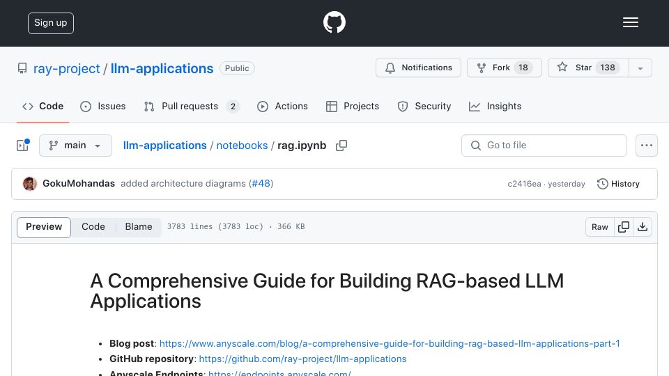 Screenshot of github.com: A Comprehensive Guide for Building Rag-Based LLM Applications