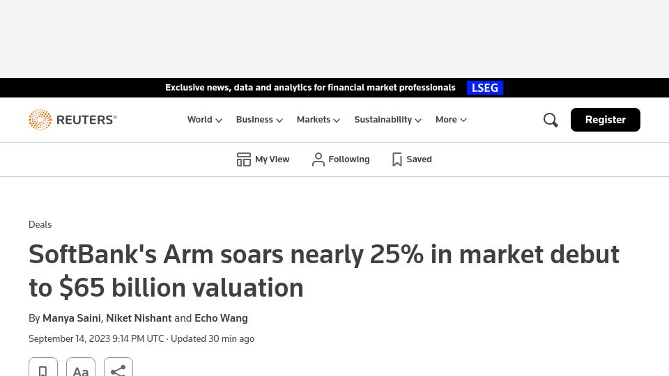Screenshot of reuters.com: Arm jumps 18% in market debut to notch $60B valuation