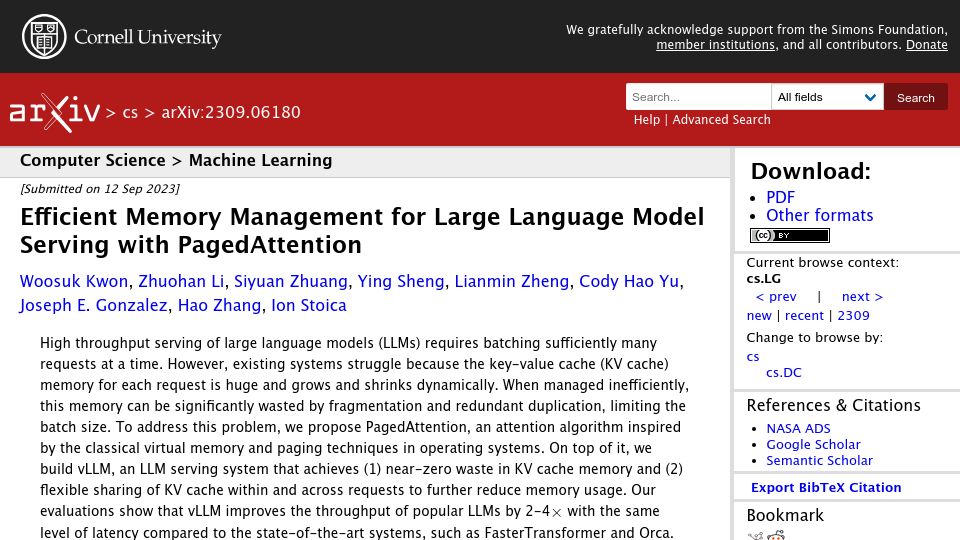 Screenshot of arxiv.org: Efficient Memory Management for Large Language Model Serving with PagedAttention