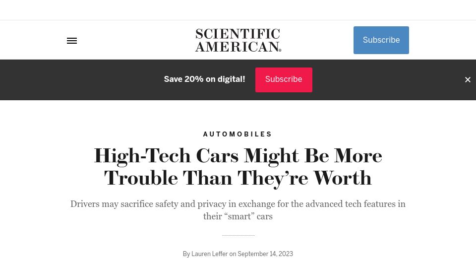 Screenshot of scientificamerican.com: High-Tech Cars Might Be More Trouble Than They’re Worth